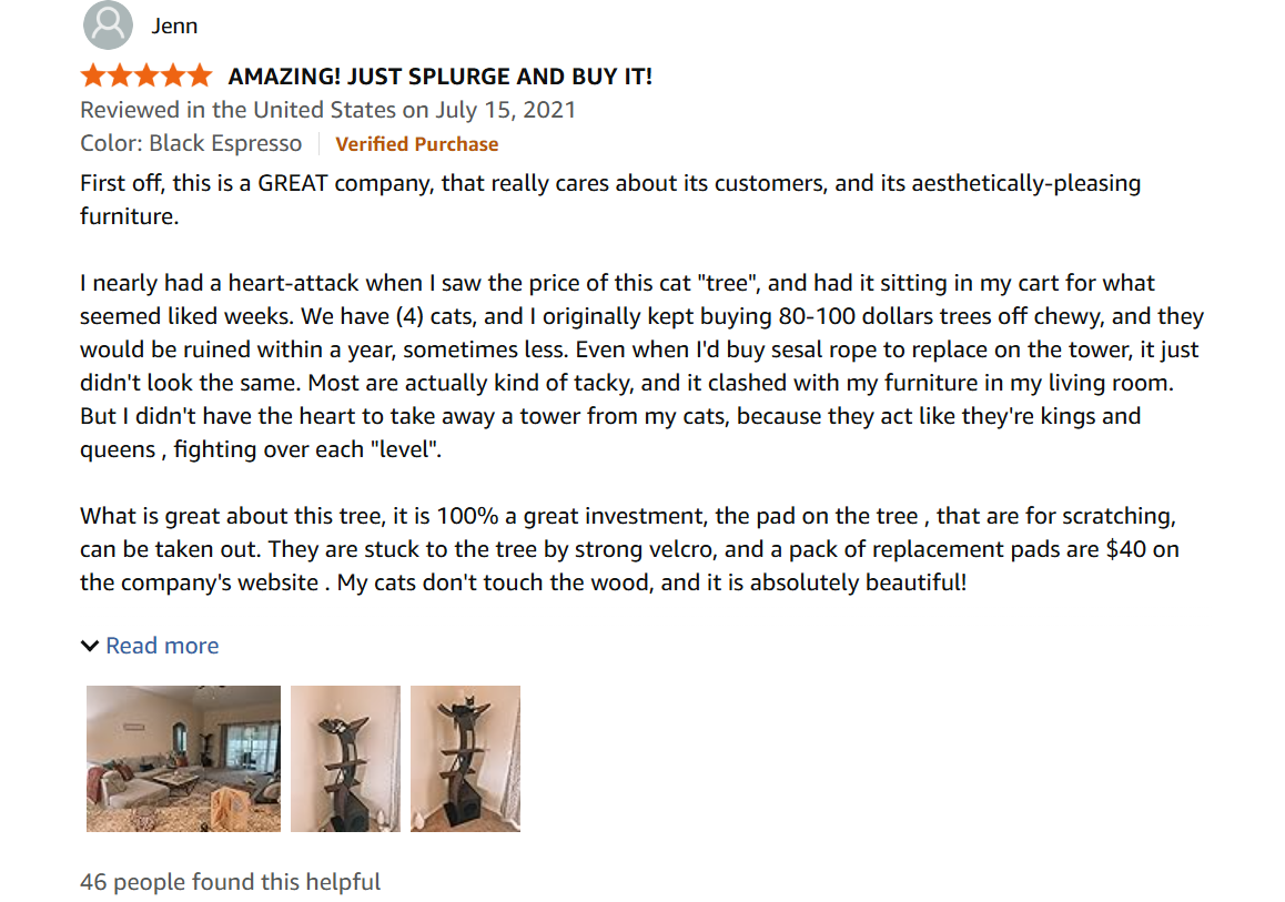 Verified customer review for The Refined Feline Lotus Cat Tower