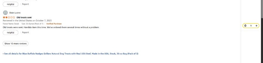 Amazon 2-star review complaining Blue Buffalo Nudges Grillers arrived with only 3 months of shelf life remaining — verified purchase December 2025