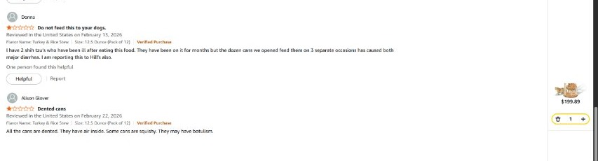 Amazon 1-star review by Donna reporting two Shih Tzus suffered major diarrhea after eating Hill