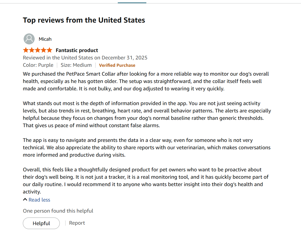 Amazon verified review for PetPace V3.0