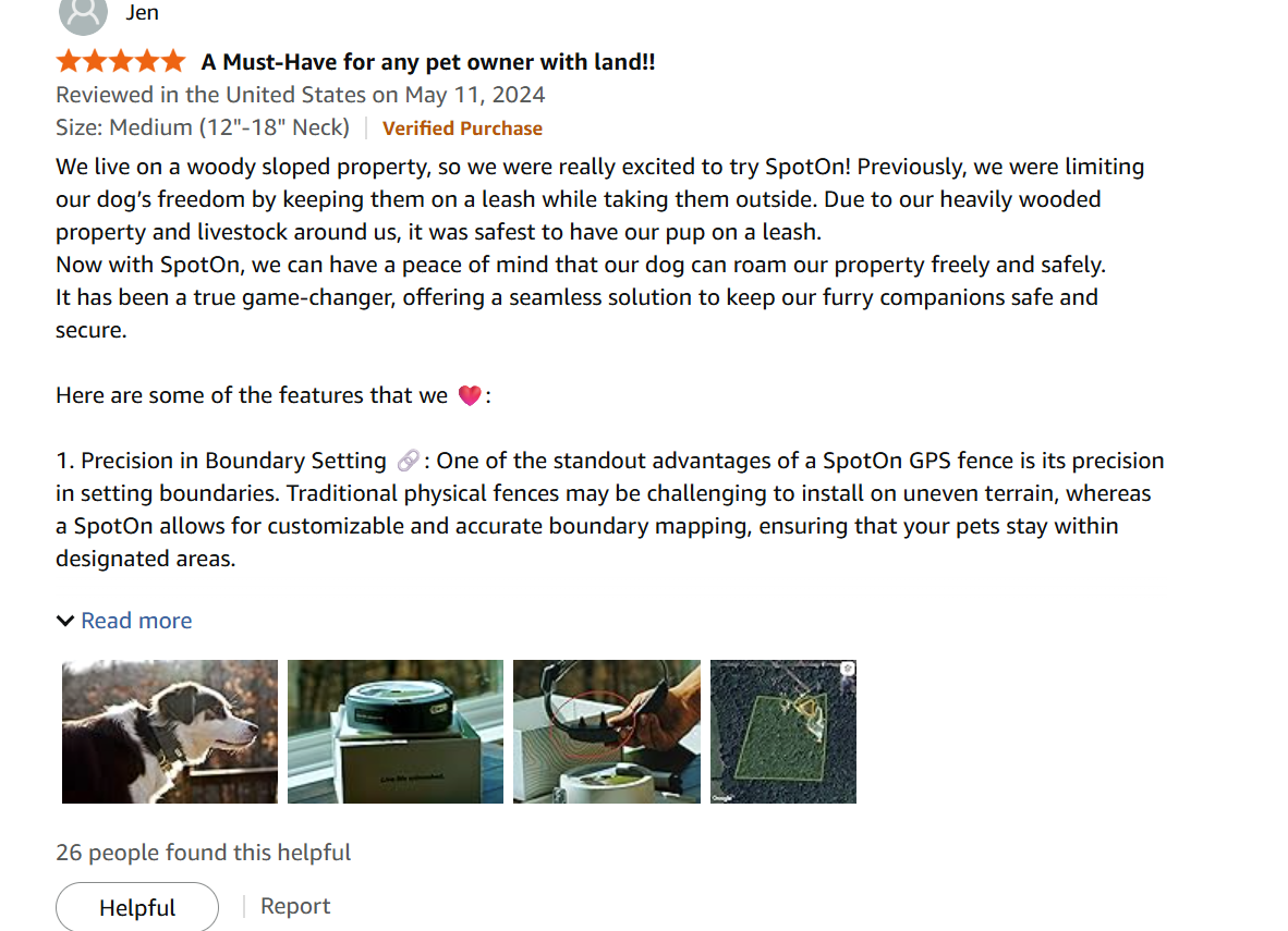 Amazon verified review for SpotOn GPS Collar