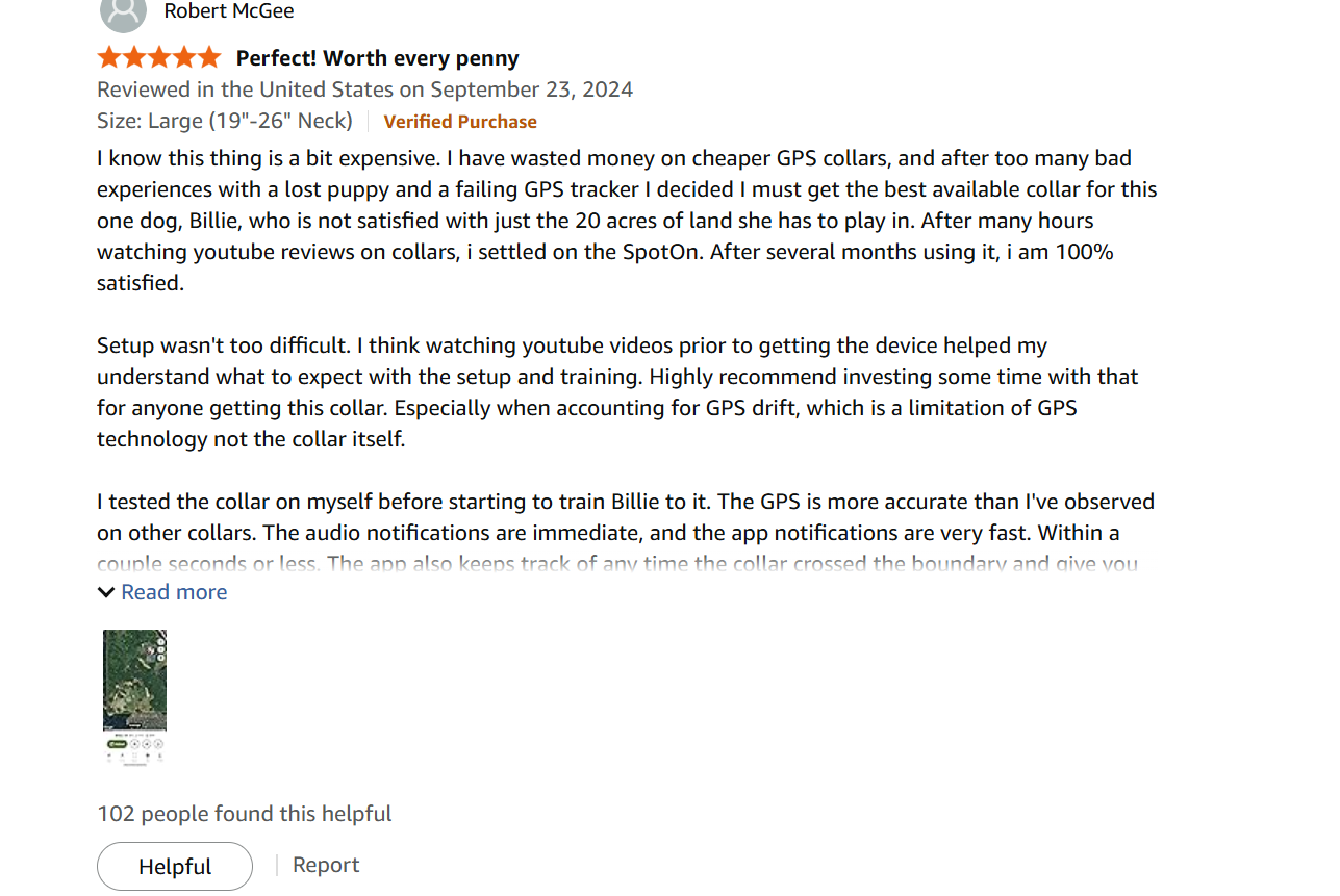 Amazon verified review for SpotOn GPS Collar